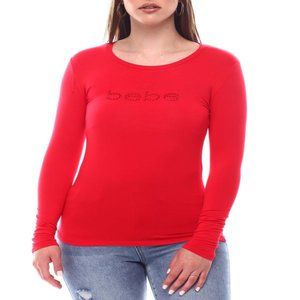 Bebe Long Sleeve Crew Neck Rhinestone Print Front Top, [Brand New]